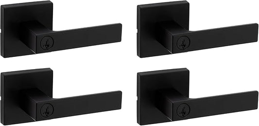 Kwikset Singapore Entry Door Handle with Lock and Key, Secure Keyed Reversible Lever Exterior, For Front Entrance and Bedrooms, Matte Black, Pick Resistant Smartkey Rekey Security and Microban, 4 Pack