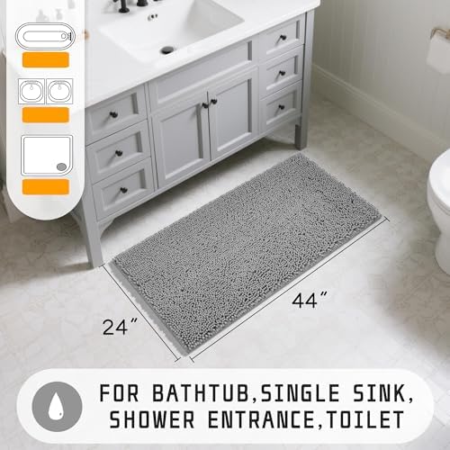 Yimobra Long Bathroom Rugs 44"x24", Extra Soft Non Slip Bath Mat for Tub, Super Absorbent Quick Dry Shaggy Rug Floor Carpet, Machine Washable,Gray