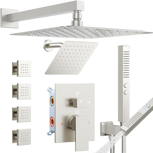 Rainfall Shower System with 4 Body Spray Jets, STARBATH 4 Way 12 + 6"Rainfall Shower Head with Handheld Combo, Shower Jets System High Pressure Shower Faucet Set, Brushed Nickel