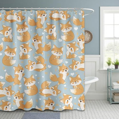 Cute Fox Shower Curtain Kids Toddler Cartoon Animal Shower Curtains for Bathroom Decor, Waterproof Cloth Fabric with Hooks 70" W x 84" L