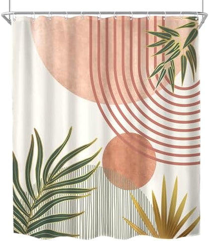 Mid Century Pink Green Boho Abstract Modern Bathroom Shower Curtain Set