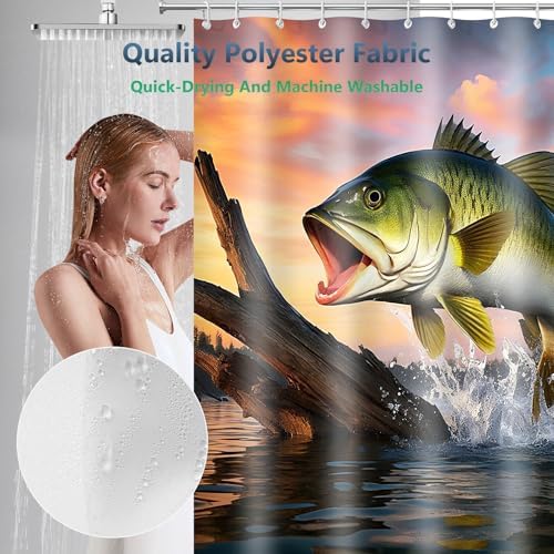 Large mouth Bass Sunset Lake Scene Shower Curtain with Hooks 72 x 72 Inches
