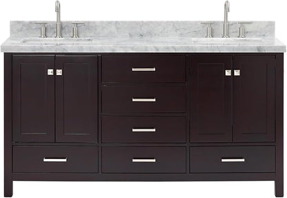 ARIEL Cambridge 66-inch Bathroom Vanity with Sink,Solid Wood, 1.5-inch Italian Carrara Marble Countertop, Double Rectangular Porcelain Sink, 4 Soft Closing Doors, 6 Dovetail Drawers, Espresso