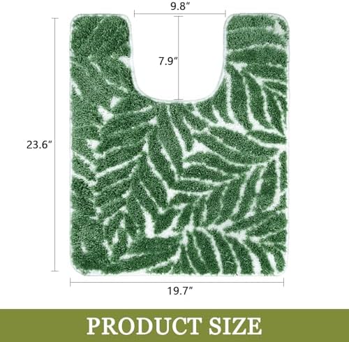 Dark Green U Shaped Toilet Mat for Bathroom Floor 24x20 Non Slip Washable Water Absorbent Cute Bathroom Decor Leaf Contour Bath Mat