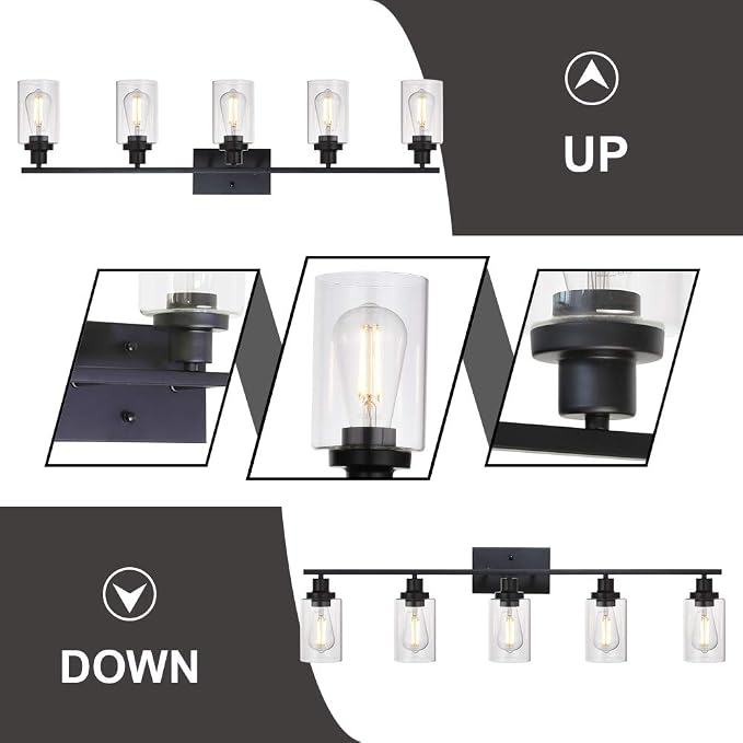 MELUCEE 40 Inches Length 5-Light Bathroom Vanity Light Fixtures Black | Industrial Wall Sconce Lighting with Clear Glass Shade for Living Room Bedroom Hallway Kitchen (Patent No.: US D963914 S)