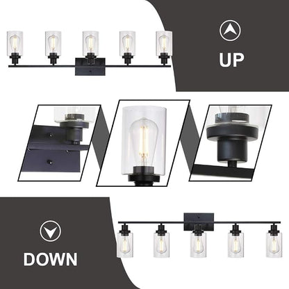 MELUCEE 40 Inches Length 5-Light Bathroom Vanity Light Fixtures Black | Industrial Wall Sconce Lighting with Clear Glass Shade for Living Room Bedroom Hallway Kitchen (Patent No.: US D963914 S)