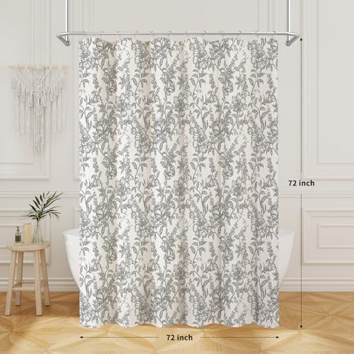 Black Boho Linen Fabric Shower Curtain , Farmhouse Floral For Bathroom