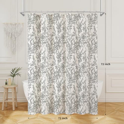 Black Boho Linen Fabric Shower Curtain , Farmhouse Floral For Bathroom