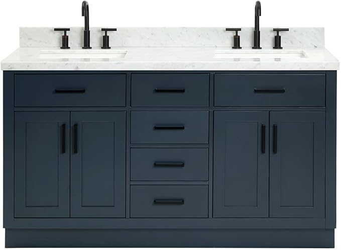ARIEL Hepburn 60-inch Bathroom Vanity with Sink,Solid Wood, 1.5-inch Italian Carrara Marble Countertop, Double Rectangular Porcelain Sink, 4 Soft Closing Doors, 6 Dovetail Drawers, Midnight Blue