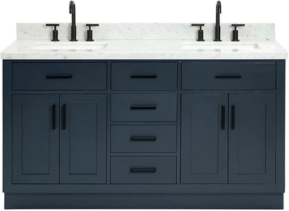 ARIEL Hepburn 60-inch Bathroom Vanity with Sink,Solid Wood, 1.5-inch Italian Carrara Marble Countertop, Double Rectangular Porcelain Sink, 4 Soft Closing Doors, 6 Dovetail Drawers, Midnight Blue