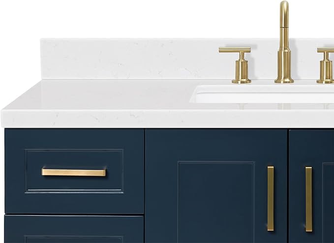 Emilia 48-Inch Bathroom Vanity with Sink — Midnight Blue Single Sink Bathroom Vanity, 1.5" Edge Carrara Quartz Countertop, Solid Wood, 2 Soft Closing Doors, 9 Dovetail Drawers