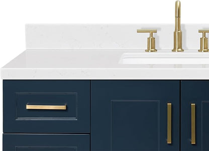 Emilia 48-Inch Bathroom Vanity with Sink — Midnight Blue Single Sink Bathroom Vanity, 1.5" Edge Carrara Quartz Countertop, Solid Wood, 2 Soft Closing Doors, 9 Dovetail Drawers
