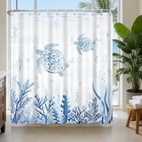 Blue Sea Turtle Shower Curtain with Hooks, Summer Ocean Waterproof Shower Curtains with Weighted Hem and Metal Grommets, Machine Washable Coastal Shower Curtain for Bathroom Decor, 72x72 Inches