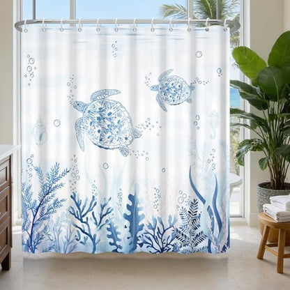 Blue Sea Turtle Shower Curtain with Hooks, Summer Ocean Waterproof Shower Curtains with Weighted Hem and Metal Grommets, Machine Washable Coastal Shower Curtain for Bathroom Decor, 72x72 Inches