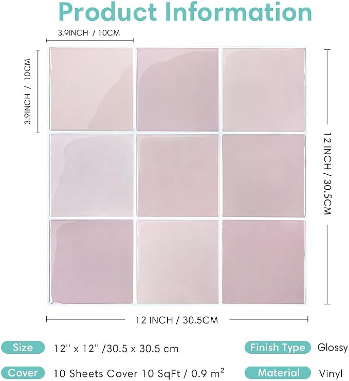 Commomy Thicker Pink Peel and Stick Tiles- 10 pcs of 12" x 12" - 3D Adhesive Square Peel and Stick Tiles Backsplash for Kitchen, Bathroom, Removable, Waterproof, Vinyl Wall Tile