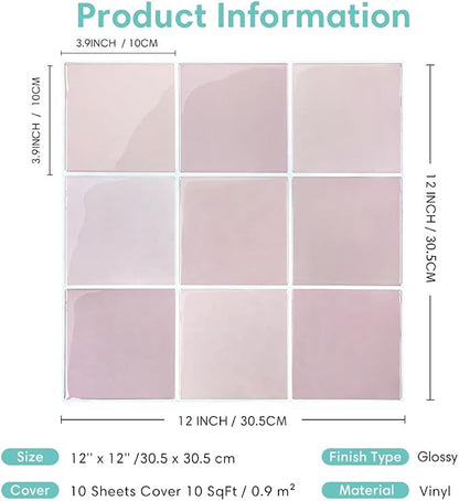 Commomy Thicker Pink Peel and Stick Tiles- 10 pcs of 12" x 12" - 3D Adhesive Square Peel and Stick Tiles Backsplash for Kitchen, Bathroom, Removable, Waterproof, Vinyl Wall Tile