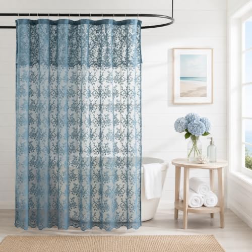 Slate Blue Lace Shower Curtain 72x84 Inch, Extra Long 84 Inches Long