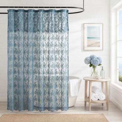 Slate Blue Lace Shower Curtain 72x84 Inch, Extra Long 84 Inches Long