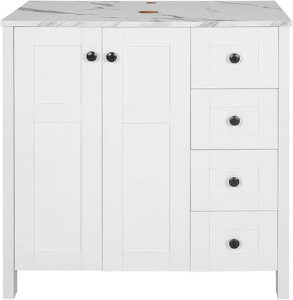 32" White Bathroom Vanity with Marble Texture Top and 4 Drawers, Modern Standing Pedestal Cabinet Without Sink