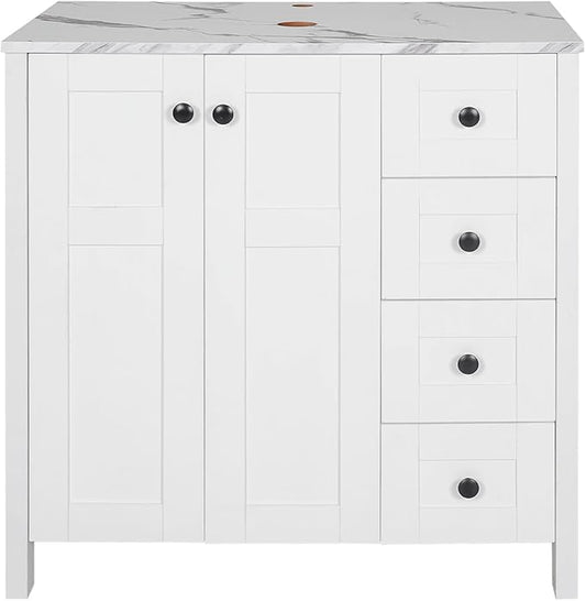32" White Bathroom Vanity with Marble Texture Top and 4 Drawers, Modern Standing Pedestal Cabinet Without Sink