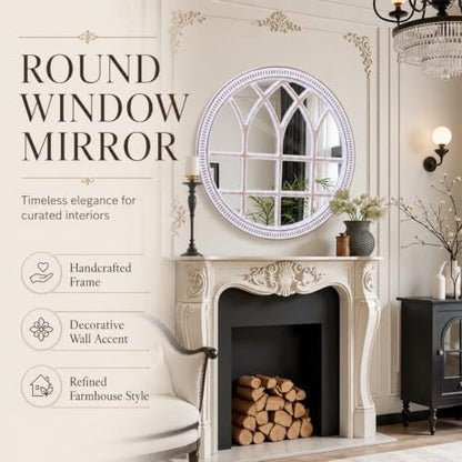 Round Window Mirror Wood 30 Inch Rustic Farmhouse Wall Mirrors for Entryway