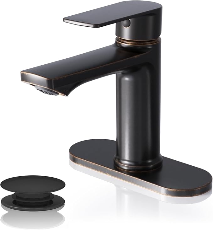 BELZ Bronze Bathroom Faucet, Lead-Free 1 or 3 Hole (4") Vanity Sink Faucet | NSF372 Compliant, Anti-corrosion Coating, 6'' Single Handle Sink Faucet with pop-up drain & hot/cold hoses, Easy DIY Install