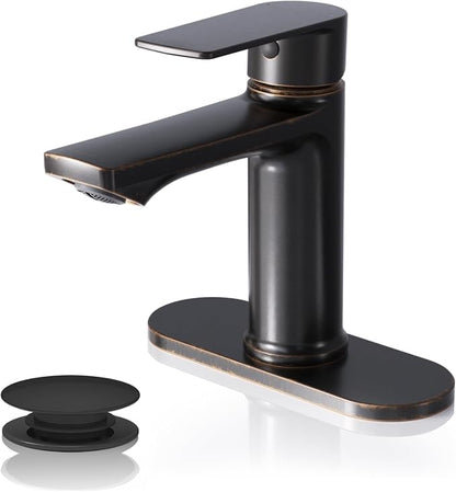 BELZ Bronze Bathroom Faucet, Lead-Free 1 or 3 Hole (4") Vanity Sink Faucet | NSF372 Compliant, Anti-corrosion Coating, 6'' Single Handle Sink Faucet with pop-up drain & hot/cold hoses, Easy DIY Install