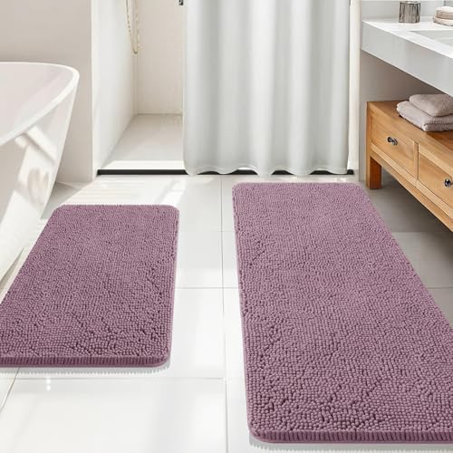 OLANLY Chenille Bathroom Rugs Mats Sets 2 Piece, 59"x20"+30"x20", Deep Plum