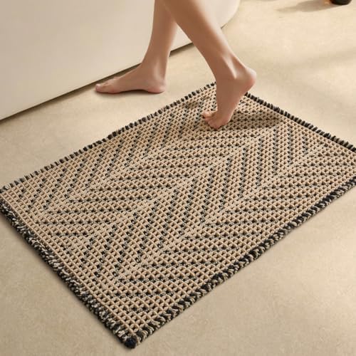 Sunfly Waffle Bath Mat, Boho Bathroom Rugs Non Slip Washable Super Absorbent Quick Dry Bath Mat Farmhouse Bathroom Decor, 20"x30" Black &Khaki