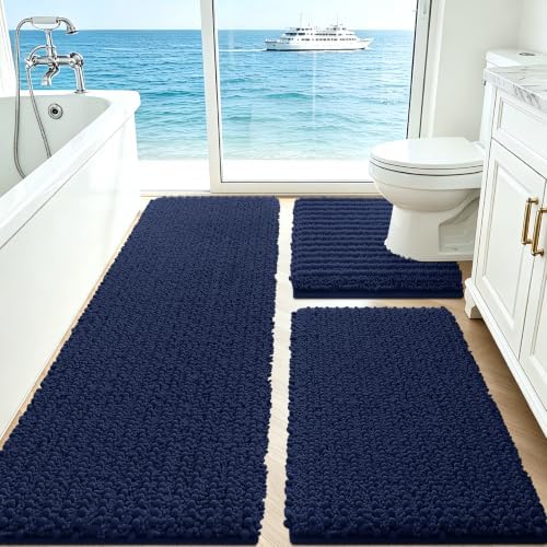 ACCUMTEK Upgrade Extra Large Navy Blue Bathroom Rug Set 3 Pieces Ultra Soft, Thick Absorbent Bath Mats, Non Slip Chenille Toilet Mat for Bathroom, Bedroom, Kitchen