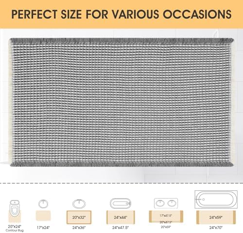 IM HOME Waffle Bath Mat Darkgrey & Cream 36"x24", Boho Woven Modern Bath Mat Rugs, Absorbent Non Slip Bathroom Rugs, Soft Washable Bath Rugs with Tassels for Bedroom, Kitchen, Shower, Tub