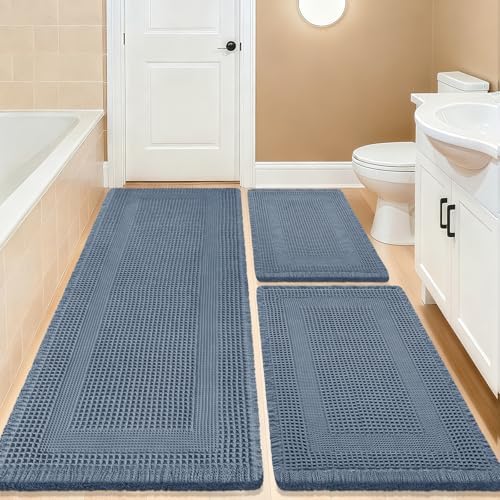 IM HOME Upgrade Waffle Bath Mat Set 3 Piece, Boho Bathroom Rugs Absorbent Non Slip, Soft Bathroom Mats, Machine Washable Knit Bath Rugs with Tassels for Bathroom, Bedroom, Kitchen, Shower, Tub, Blue