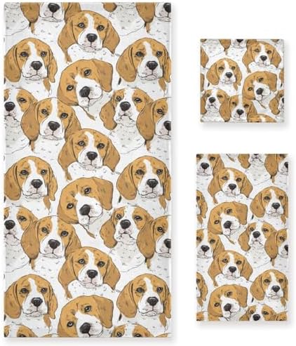 Naanle Cute Cartoon Beagle Dog Soft Luxury Decorative Set of 3 Towels, 1 Bath Towel+1 Hand Towel+1 Washcloth, Multipurpose for Bathroom, Hotel, Gym, Spa and Kitchen