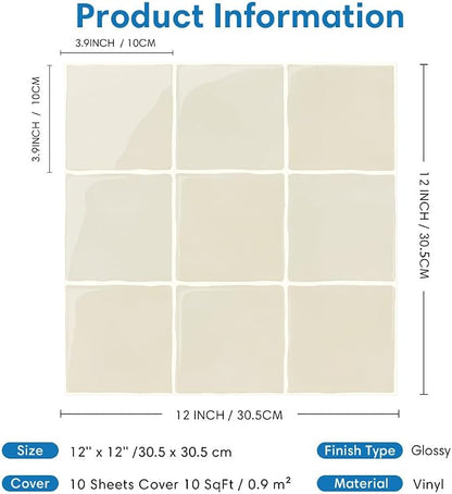 Thicker Peel and Stick 3D Backsplash Tiles Kitchen Bathroom | Beige, 10 Pcs 12" x 12", Glossy Self Adhesive Decorative Vinyl Backsplash Wall Sticker, Cover 10 sq ft，Removable，Waterproof