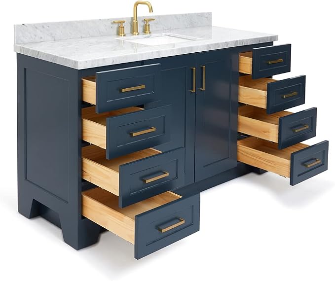 Emilia 60 Inch Bathroom Vanity Single Sink — Midnight Blue Bathroom Vanity with Sink, 1.5" Edge Italian Carrara Marble Countertop, Solid Wood, 2 Soft-Close Doors, 9 Dovetail Drawers