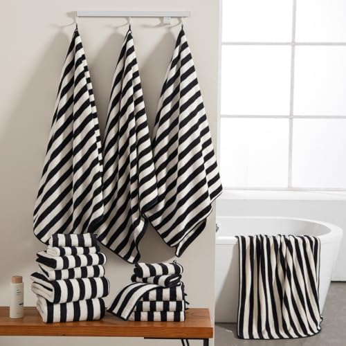 18 Pcs Black White Cabana Stripe Bath Towel Set with Hanging Loop-6 Bath Towels,6 Hand Towels,6 Washcloths Family Towels Set Bathroom Towel Highly Absorbent Quick Dry Shower Towel for Beach Spa Gym