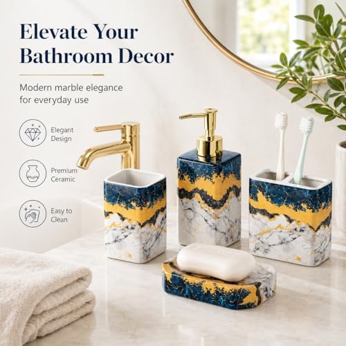 4 Piece Bathroom Accessories Set - Blue Bathroom Accessory Sets Includes Lotion Dispenser, Toothbrush Holder Tumbler, and Soap Dish - Glossy Finish (Marble, Blue)