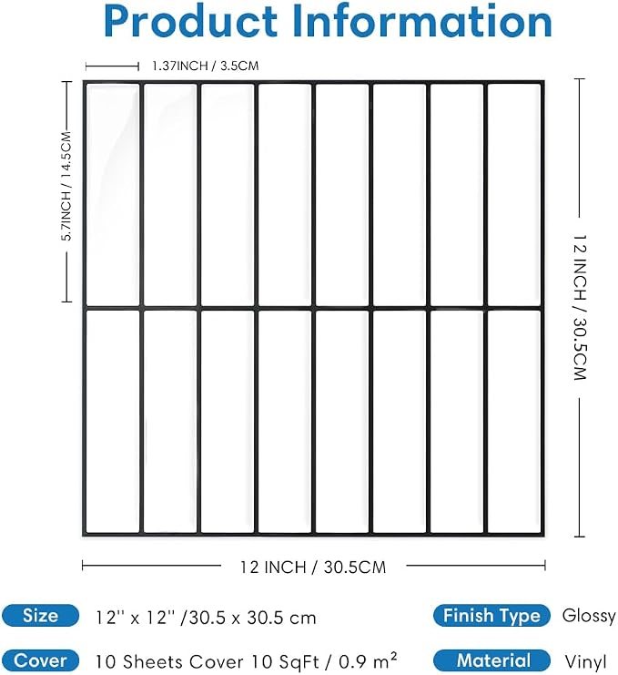 3D Peel and Stick Backsplash Tiles, 10 Pcs 12" x 12", White | Glossy Vinyl Backsplash Sticker for Renter Friendly Kitchen Bathroom DIY Wall Makeover, Cover 10 sq ft，Removable，Waterproof