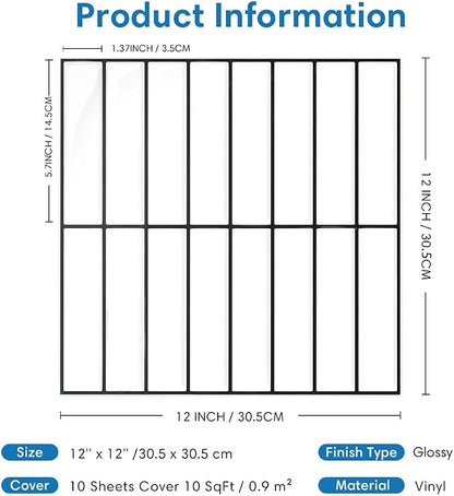 3D Peel and Stick Backsplash Tiles, 10 Pcs 12" x 12", White | Glossy Vinyl Backsplash Sticker for Renter Friendly Kitchen Bathroom DIY Wall Makeover, Cover 10 sq ft，Removable，Waterproof