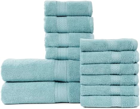 HILLFAIR Premium 100% Combed Cotton 12 Piece Bath Towels Set - Ocean Blue