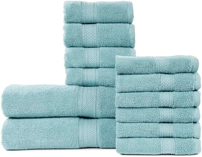 HILLFAIR Premium 100% Combed Cotton 12 Piece Bath Towels Set - Ocean Blue