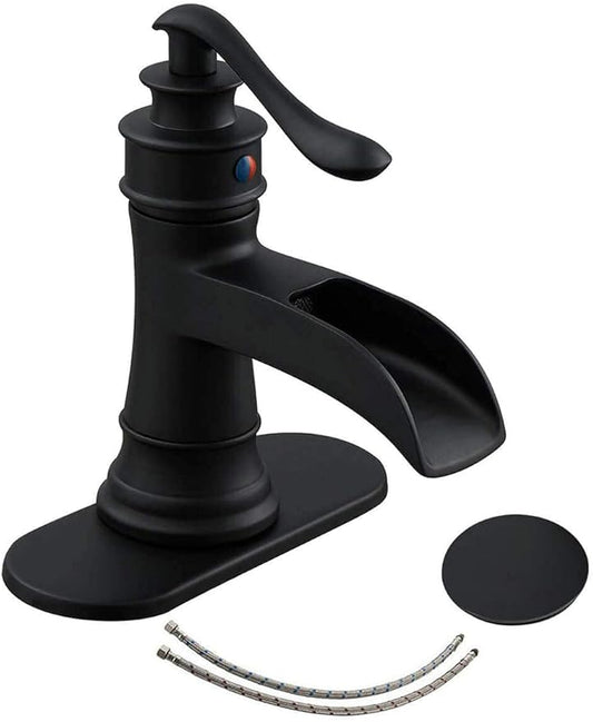 Black Bathroom Faucet Matte Waterfall Sink Farmhouse Vanity Single Hole Faucets One Handle Basin Antique centerset with Pop Up Drain Stopper Mixer Tap Overflow Supply Line by Homevacious