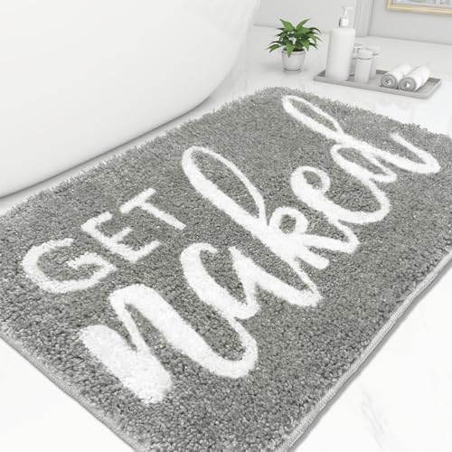 Small Get Naked Bathroom Rugs - Funny Bath Mats Non Slip Cute Carpet for Bathroom Floor Decor Water Absorbent Bath Rugs for Sink Bathtub and Shower Gray 16" x 24"