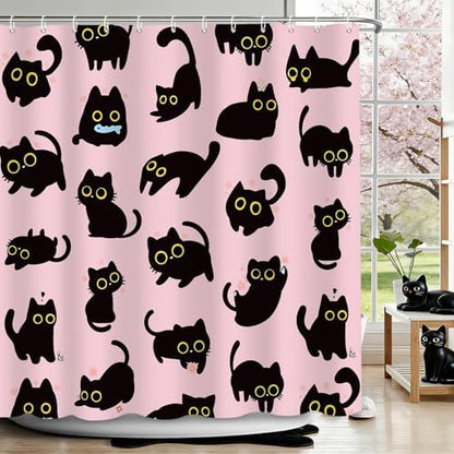 APROPHIC Cute Cat Shower Curtain 72x72 Inches, Funny Black Kitten Pattern Waterproof Polyester Bathroom Decor for Bathtub, Machine Washable Privacy Curtain for Bathroom, Bedroom with 12 Hooks Pink