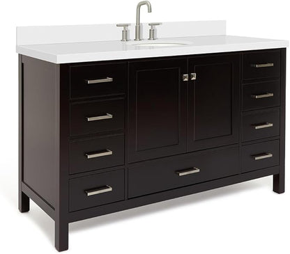 ARIEL Cambridge 60-inch Bathroom Vanity with Sink,Solid Wood, 1.5-inch Pure White Quartz Countertop & Backsplash, Single Oval Porcelain Sink, 2 Soft Closing Doors, 9 Dovetail Drawers, Espresso