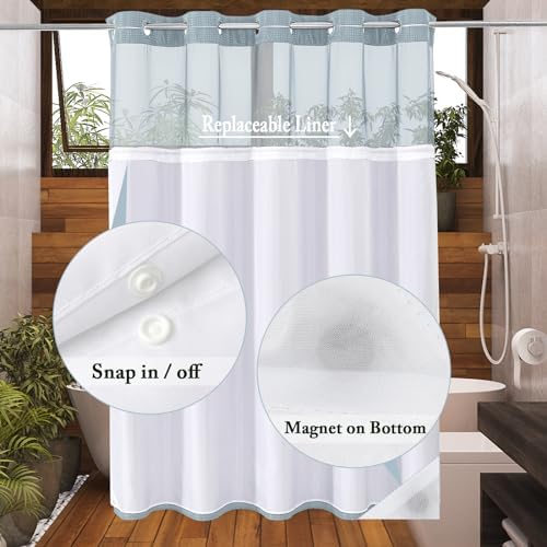 Gibelle No Hook Cloth Fog Blue Shower Curtain with Liner, 72x86