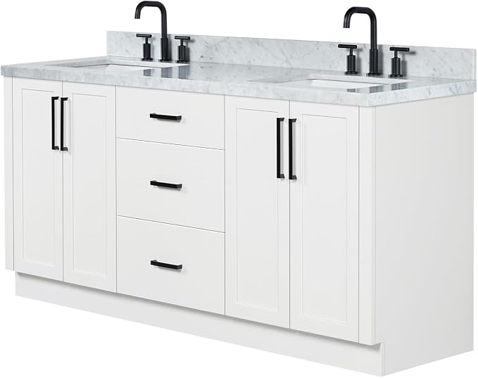 ARIEL Loren 72-inch Bathroom Vanity with Sink,Solid Wood, 1.5-inch Italian Carrara Marble Countertop, Double Rectangular Porcelain Sink, 4 Soft Closing Doors, 3 Dovetail Drawers, White
