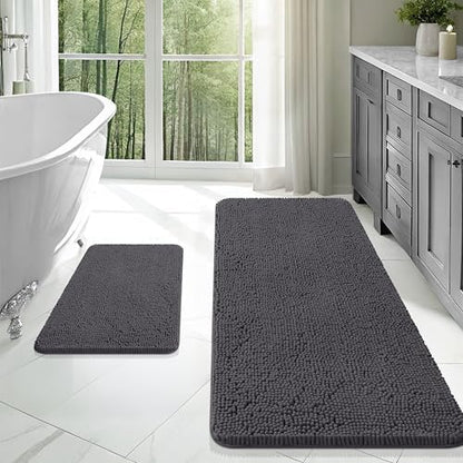 OLANLY Chenille Bathroom Rugs Mats Sets 2 Piece, 47"x20"+24"x16", Dark Grey