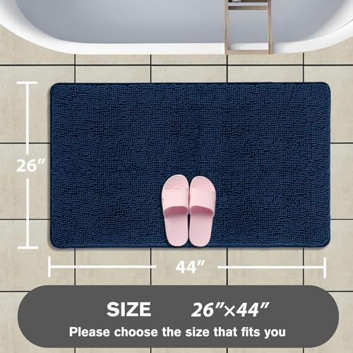 Navy Blue Bathroom Rugs – Absorbent and Washable Bath Mat, Non-Slip, Thick Soft Chenille Bath Rugs for Bathroom Floor, Shower, Sink - 26" x 44"