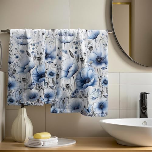 Watercolor Flowers Hand Towels, 14x28 Inch Blue Poppy Floral Butterflies Absorbent Soft Dish Cleaning Wash Cloth Tea Towels for Kitchen Bar Bathroom Spring Summer Home Decor